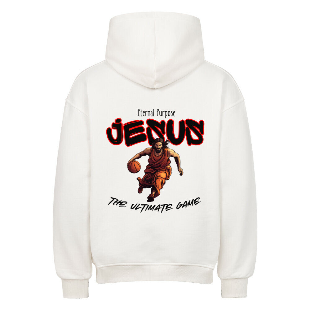 Rückansicht eines Weißen Oversized-Hoodie mit 'Jesus' Print, der Jesus beim Basketball-Dribbling zeigt, umgeben von Text 'Eternal Purpose' und 'The Ultimate Game'. 100% Baumwolle.