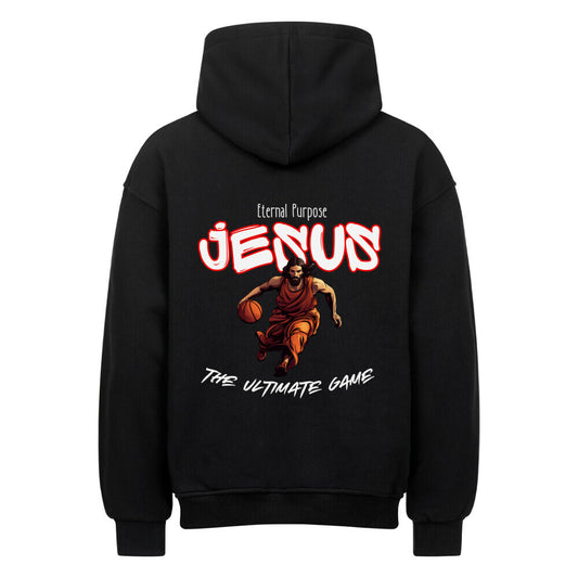 Rückansicht eines Schwarzen Oversized-Hoodie mit 'Jesus' Print, der Jesus beim Basketball-Dribbling zeigt, umgeben von Text 'Eternal Purpose' und 'The Ultimate Game'. 100% Baumwolle.