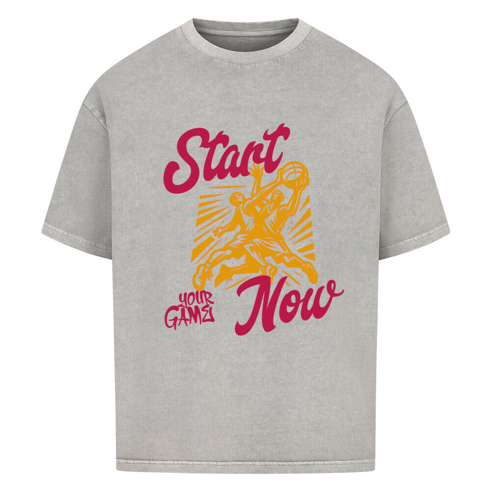 Oversized Basketball T-Shirt Start Your Game Now Washed Grau 100% Premium Baumwolle 240 GSM