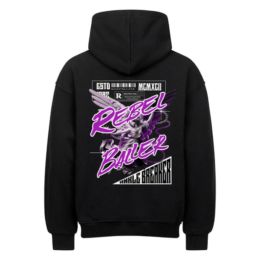 Rückansicht eines schwarzen Oversized-Hoodies mit großem 'Rebel Baller' Print in Lila und Weiß, der eine Engelsstatue und den Schriftzug 'Ankle Breaker' zeigt. 80% Baumwolle 20% Polyster. 