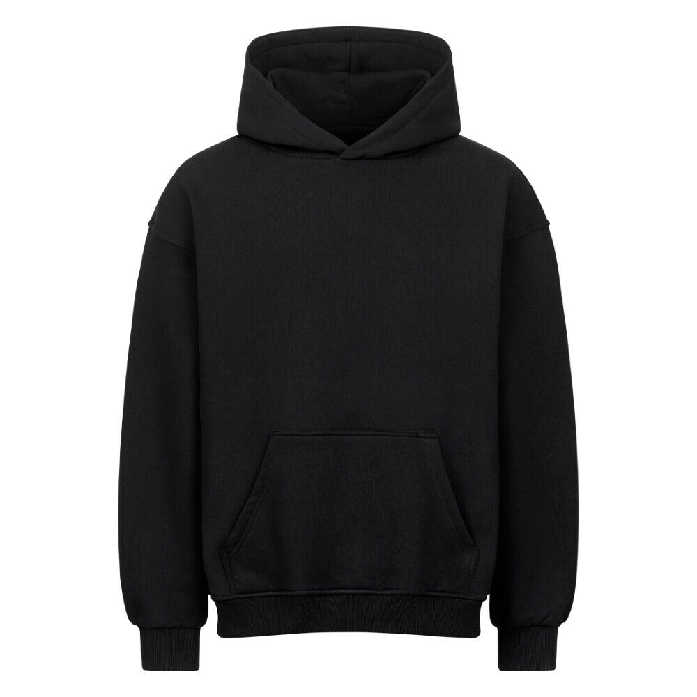Vorderansicht eines Schwarzen Oversized-Hoodies mit 'Harakiri Basketball Spirit' Print auf dem Rücken, der ein Samurai-Skelett mit Katana und Kirschblüten zeigt. 80% Baumwolle und 20% Polyester. 380 GMS.