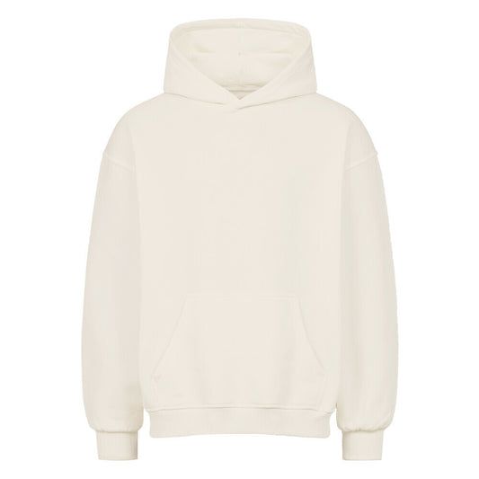 Vorderansicht eines cremefarbenen Oversized-Hoodies mit 'Harakiri Basketball Spirit' Print auf dem Rücken, der ein Samurai-Skelett mit Katana und Kirschblüten zeigt. 80% Baumwolle und 20% Polyester. 380 GMS.