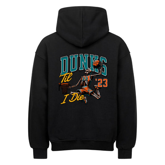 Rückansicht eines schwarzen Oversized-Hoodies mit 'Dunks 'Til I Die' Print, der ein Skelett mit Trikotnummer 23 beim Basketball-Dunk zeigt.