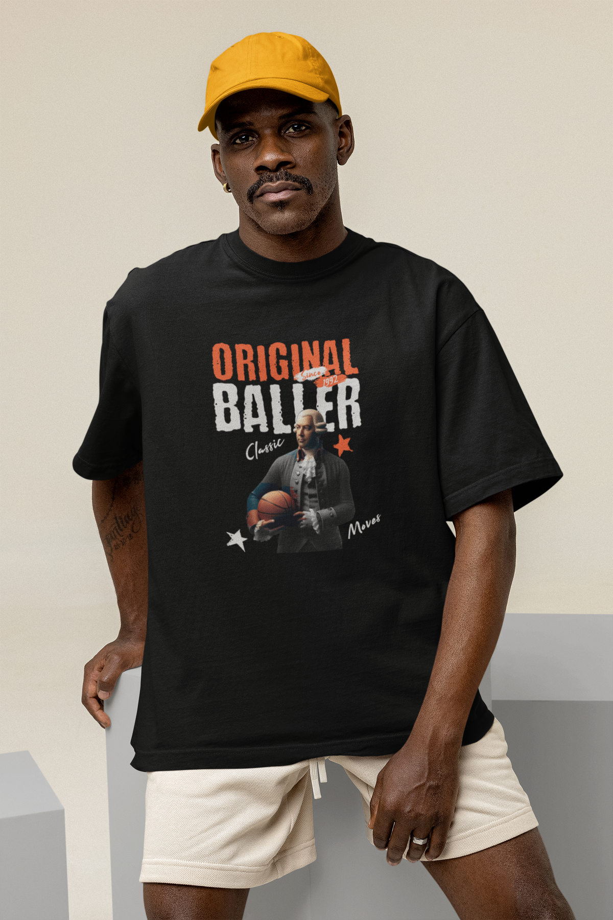 Oversized Basketball T-Shirt Schwarz  mockup männlich model Original Baller 100% Baumwolle Humor oldtimer classic moves